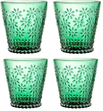 Soulnioi Set di 4 bicchieri da acqua colorati verdi, bicchiere con fiori in rilievo per bevande a base di tè e succhi
