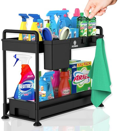 FUTOKIO Organizador bajo Fregadero Extraíble de 2 Niveles, Organizador de Productos de Limpieza, Diseño Elegante y Robusto + Incluye Patas Antideslizantes y Accesorios, Negro