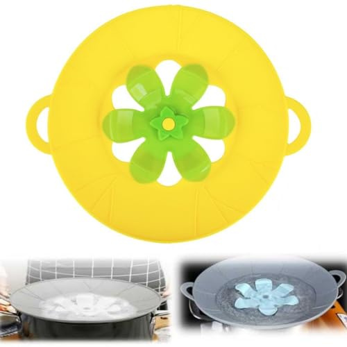 Silicone Spill Stopper, Rotatable Flower Shape Lid, Multifunction Reusable Splatter Lid for Pans, Microwave, Skillets (Yellow, Large 29cm)