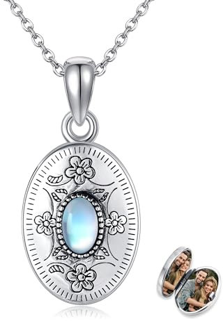DAYLINLOVE Mondstein Medaillon Halskette 925 Sterling Silber Foto Medaillon Anhänger die Bilder Mondstein Schmuck kette Geschenke für Frauen Damen Freundin hält