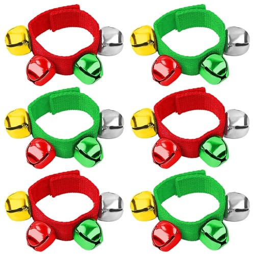 Augshy Glockenband Set, 6 Stück Weihnachts Armbänder Handgelenk Glöckchen mit Rot Grün Gold Silber Glocken Musikinstrumente für Weihnachtsgeschenke Kinderparty Spielzeug