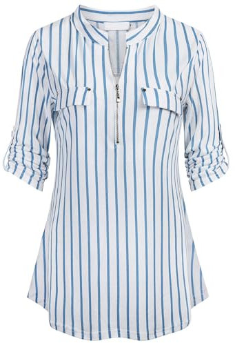 Lalala Blusen Für Frauen Elegant Lässig 3/4 Ärmel Tunika V Ausschnitt Gestreiftes Oberteile Schöne Frühlingskleidung Blau L
