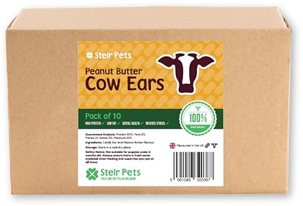 Cows Ears for Dogs (Peanut Butter Flavour) - 100% Natural Dog Treats - Low Fat Alternative to Pigs Ears for Dogs and Puppies Over 4 Months Old (Pack of 10)