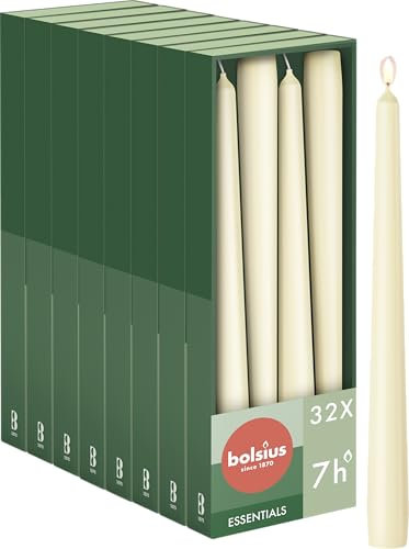 Bolsius - Velas de punta lisa – Marfil – 32 unidades en caja – Velas decorativas – Tiempo de combustión 7 horas – Sin perfume – Contiene cera natural para plantas – Sin aceite de palma