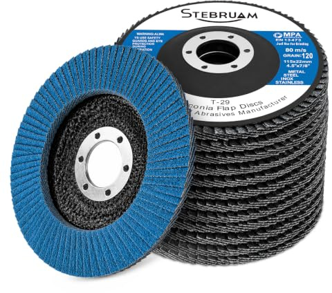STEBRUAM 12 Pcs Dischi Lamellari 115 mm,Disco Abrasivi per Grana 120 | dischi per smerigliatrice Angolare a Batteria, GWS, BTI, Acciaio Inossidabile Metallo e Legno (blu)