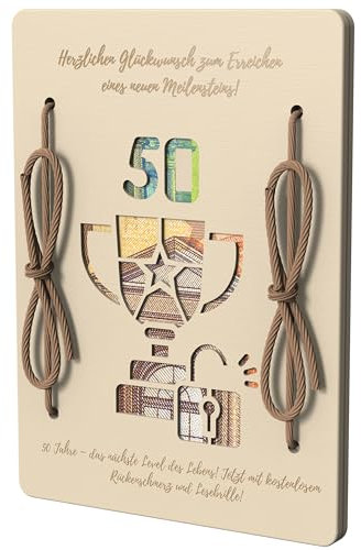 EQUIK PRODUCTS Jubiläum-Holzkarte „50 Jahre“ | Holz-Geschenk zum 50. Geburtstag | Grußkarte aus Holz | Originelle Geldbörse oder Holzgeldtasche für Geldgeschenke | Geburtstagsgeschenk (50 Jahre)