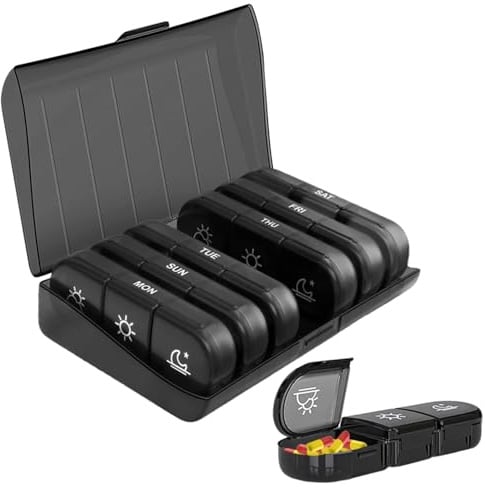 Tablettenbox 7 Tage Morgens Mittags Abends,Pillendose 7 Tage 3 Fächer,Tragbare Tablettenbox mit großen separaten Fächern, Feuchtigkeitsbeständiger Medikamentenbox 7 Tage für Medikamente, Schwarz
