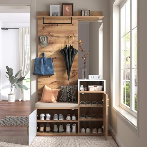 ZYLOYAL10 Hohes Garderobenset Elegantes weißes und holzfarbenes Garderoben-Set mit Spiegel, Schuhschrank, Wandgarderobe, Sitzbank und Kleiderhaken