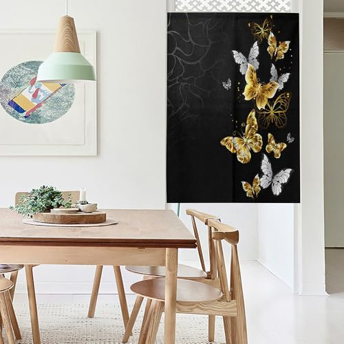 Surwin Japanischer Stil Türvorhang, Japan Noren Raumteiler Tapisseri Leinen Lang Vorhänge Partition Gardinen Tür Vorhang Tapisseri für Küche Restaurants -Schmetterling (Schwarz Gold,85x180cm)