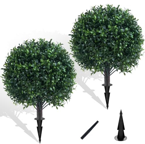Grewyear Árbol topiario de olivo artificial de 24 pulgadas para exteriores con estaca de tierra, juego de 2 arbustos artificiales resistentes a los rayos UV para arbustos sintéticos al aire libre