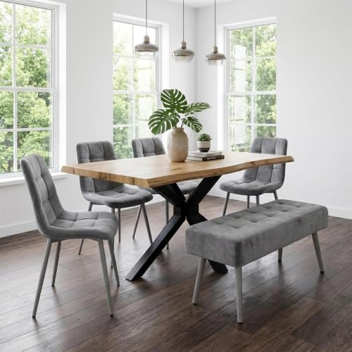 KOSY KOALA Modern Dining Table Set with 4 Grey Velvet Chairs and Grey Padded Bench Dining Room Furniture