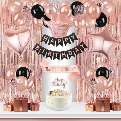 Geburtstagsdeko Rose Gold, Rosegold Party Deko Set mit Happy Birthday Banner, Schärpe und Geburtstagskrone, Herz Stern Folie, Konfetti Luftballons, Lametta Vorhang für alle Altersgruppen (Roségold)
