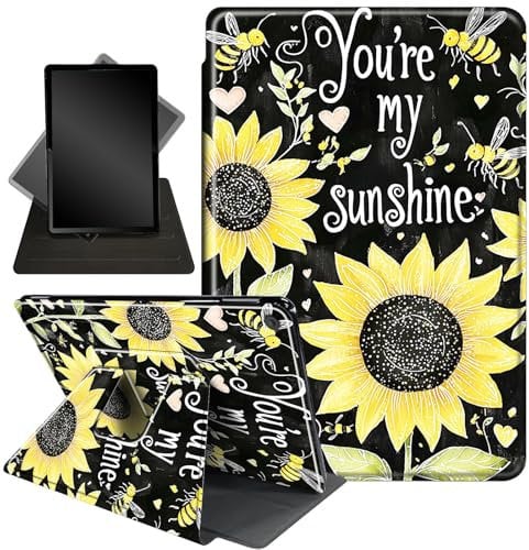 Case for Amazon Fire HD 10 Tablet (7th and 9th Generation, 2017 and 2019 Release),360 Degree Rotating Stand Smart Protective Case for Kindle Fire HD 10 7th 9th Gen 10.1,Bee and Sunflower