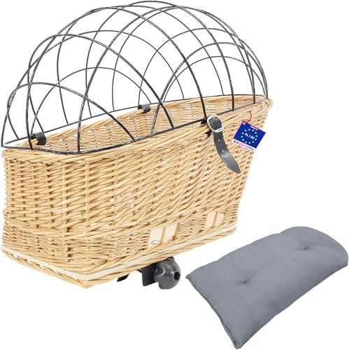 Fahrradkorb aus Weide für Hunde und Katzen bis 8 kg 47x44x24 cm - handgeflochtener Kofferraumwanne, mit Metallschutzgitter, weiches Kissen, braun