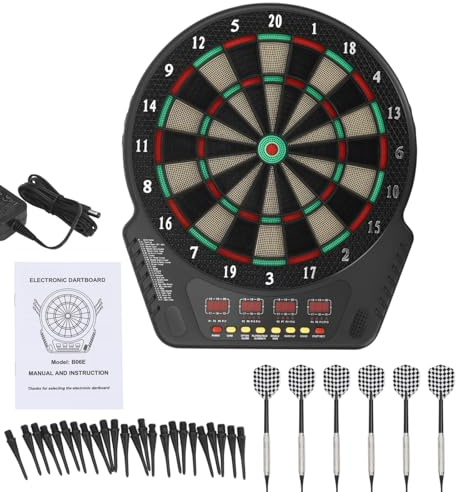 Dartscheibe Elektronisch, Dartscheibe Steeldart Mit 6 Darts, 24 Dartköpfe Dartboard 27 Spielmodi Dart Scheibe 4 LED-Bildschirmen Sprachansagen Und Automatische Zählfunktion Dart Für 1 Bis 16Spieler