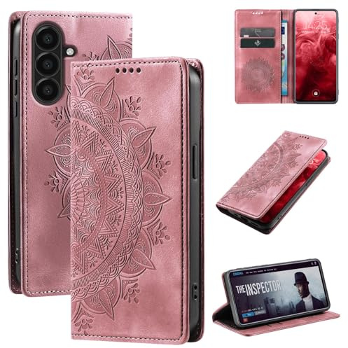 LBH Handyhülle für Samsung Galaxy A56 5G Mandala Klapphülle RFID Schutz Kartenfächer Geldfach Design Cover Case Flipcase Rosa