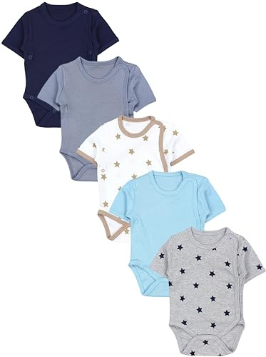 TupTam Baby Body Kurzarm Jungen – Wickelbody Kurzarm aus Baumwolle im 5er Set – OEKO-TEX Zertifiziert, Farbe: Sterne Beige Navy Uni Grau Uni Sterne Uni Türkis Uni, Größe: 68