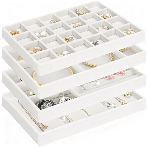 LWAIX Smyckesorganisatör för lådor stapelbara smyckesbricka smycken organisatör för förvaring och visning av örhängen, halsband, 4 st (vit)