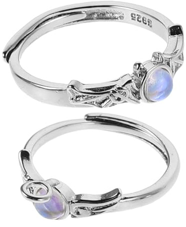 PACKOVE Couple Adjustable Opal Rings Set for Women and Men, Angel and Demon Design, Simple Sterling Silver Bands, Matching Rings for Couples, Romantic Gift for Valentine’s Day
