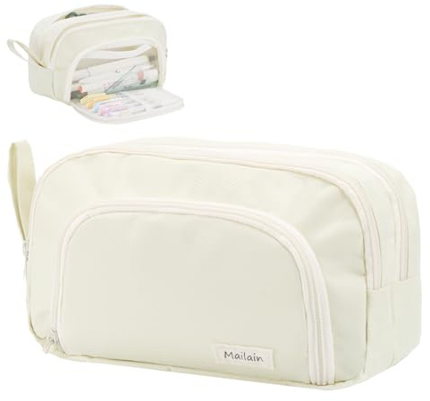 Mailain Federmäppchen Federmappe Mäppchen für Jungen Mädchen Teenager – 3 Fächer Federtasche Erwachsene, Große Kapazität Etui Schule Schlamppermäppchen Schulmäppchen (Beige)
