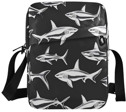 miaozhen Whitemessenger-Tasche mit Haifisch-Silhouette, für Damen, Umhängetasche, verstellbarer Riemen, für Schule, Schule, Schwarz
