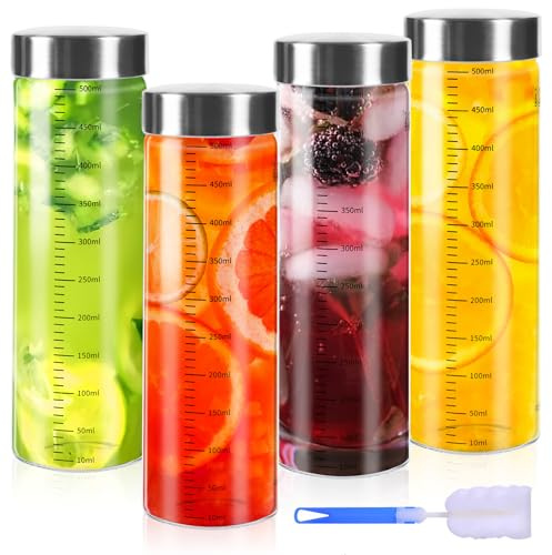 4 Stück Glasflaschen 500ml mit Edelstahl Deckel, Saftflaschen, Mit Topfbürste, Smoothie Flasche, Shaker Becher, Shotgläser mit Deckel für Säfte, Smoothies, Milch, Tee