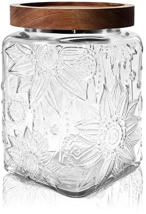 Glass Storage Jars with Airtight Lid - 750 ML Small Square Vintage Kitchen Canister, Decorative Wide Mouth Containers for Biscuit, Cookies, Tea Bag, Coffee Bean, Snack, Sugar, Sweet, Oat, Sunflower
