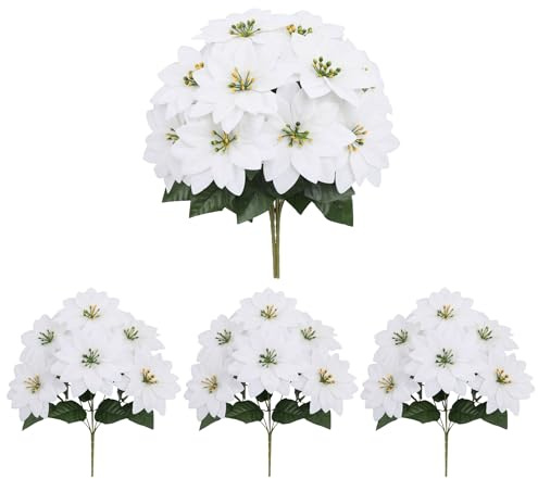 LumoTracy Stella di Natale Artificiale - 4 Mazzi con 28 Fiori Finti per Decorazioni Natalizie - Piante Finte da Interno ed Esterno per Casa, Ufficio, Tavolo, Chiesa e Feste(30 cm) (bianco)