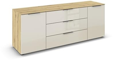 Rauch Möbel Flipp, Kommode, Farbe Glas Beige/Eiche Artisan, Breite 160 cm | Sideboard, 2-türig, 3 Schubladen, Glasfront, Soft-Close-Funktion, für Schlafzimmer, Gästezimmer, Wohnzimmer, Garderobe, Flur