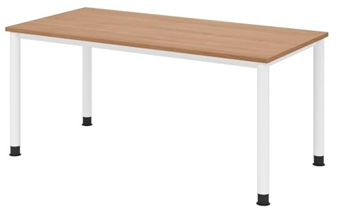 bümö höhenverstellbarer Schreibtisch H-Serie 160x80 cm in Nussbaum, Gestell in Weiß - PC Tisch für's Büro manuell höhenverstellbar, Computertisch verstellbar