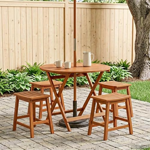 MinoLiving Klappbarer Gartentisch Braun Ø 90 x 75 cm mit Sonnenschirmloch aus massivem Eukalyptusholz geeignet für Terrasse Balkon Garten Veranda und mehr