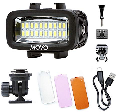 Movo LED-WP - Luz de vídeo LED subacuática recargable con cámara de acción y soportes para zapatos, compatible con GoPro, DSLR – Perfecto para vlogging, viajes, buceo, snorkel, surf, deporte