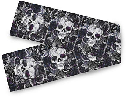 Dallonan Doppelseitiger Tischläufer mit Totenkopf- und Schlangenrose, 33 x 178 cm, Polyester, rechteckig, Dekoration für Esszimmer, mehrfarbig