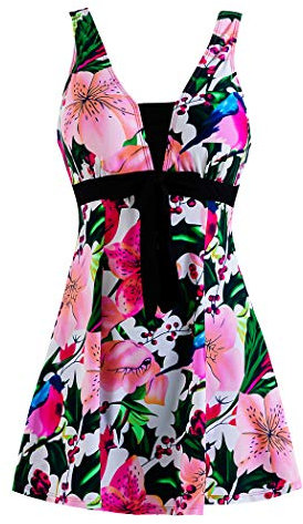 Wantdo Femme Maillot 1 Pièce Maillot de Bain Jupette Amincissante Slim Cache Ventre Maillot avec Jupe Elégant Plage Tankini Floral Push Up Grande Taille Fleur Rose 56