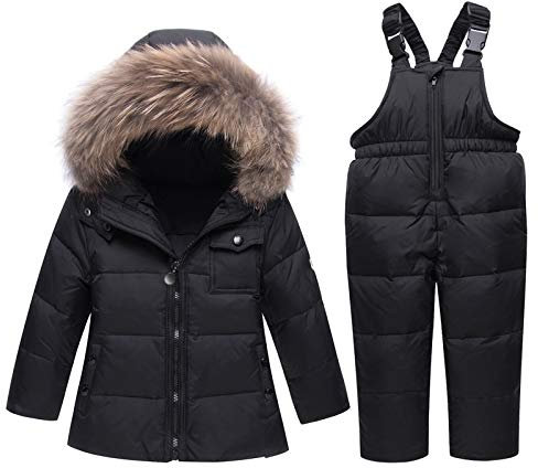 amropi Tuta da Sci per Bambino Unisex Tute Completo da Neve 2 Pezzi Invernale Giacca con Cappuccio e Pantaloni Nero-1,5-6 Anni
