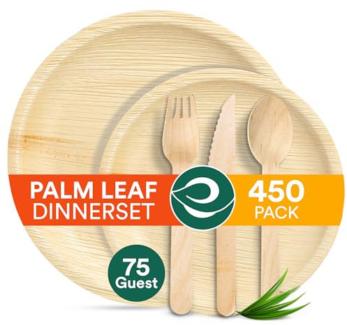 ECO SOUL 100% Compostable Palm Leaf Dinnerware Set For 75 Guests [10, 6 Round plates 75 Count each | Fork, Knife, Spoon,100 Count each] | Biodegradable Disposable Utensils for Wedding, Parties & BBQ
