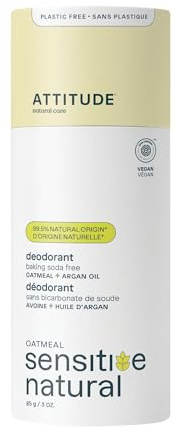 ATTITUDE Baking Soda Free Deodorant for Sensitive Skin with Oatmeal and Argan Oil, EWG Verified, Aluminum Free, Plastic-Free, 85 grams