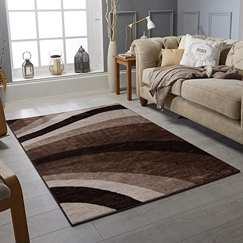 Rugs City Area Rug Living Room Bedroom Grey Yellow Black Brown Red Modern Wave Carpet Small Extra Large Hallway Runner Soft Thick Pile Floor Rugs (BROWN, 120 X 170 CM)