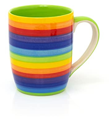 Hand Painted Rainbow Stripe Ceramic Coffee Mug | Large Tapered Multi Coloured Tea Cup | Stripped Hot Drinks Mug Coffee Cup - 250ml