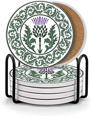 HUXJOKO Coasters for Drinks Set of 6,Thistle Flower Scottish Absorbent Ceramic Coaster,Round Stone Mat,with Cork Base and Metal Holder for Coffee Table Room Bar Home Decor Housewarming Gifts