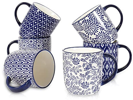 Selamica 295 ml Cappuccino Tassen, Kaffeetassen Set 6er, Kaffeebecher Porzellan für Cappuccino, Latte, Kakao, Milchtee, Spülmaschinengeeignet, Mikrowellenfest, Vintage-Blau