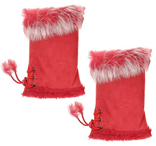 STEK Women Winter Faux Fur Half Finger Gloves Girls Warm Fingerless Mittens (Red)