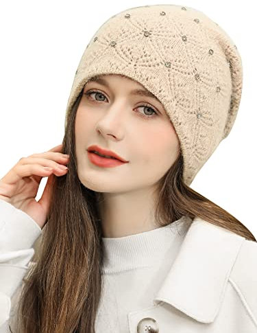 Adigaber Donne Slouchy Berretti Lungo Caldo Elegante Beanie Cappelli Invernali con Pregiata Decorazione di Strass Taglia Unica
