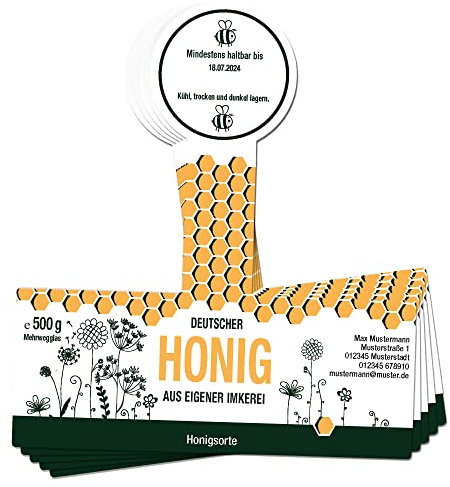 Apoidea – Honig Etiketten 500 g mit Gewährverschluss nassklebend – 100 Stück zum Stempeln/Etiketten Honiggläser/Honig Aufkleber für selbstgemachten Honig/Honigetiketten für Honiggläser