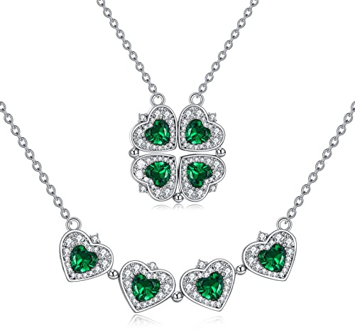 POPLYKE Sterling Silber Lucky Four Leaf Clover Halskette für Frauen Cubic Zirkonia Magnetic Folding Heart Love Anhänger Halskette Schmuck