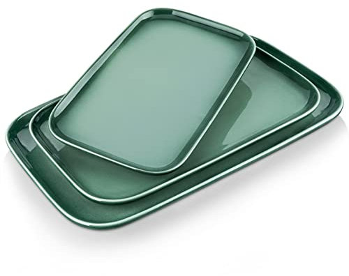 LOVECASA Bandejas para Servir Comida de Gres, Juego de 3 Platos Rectangulares φ 38,1 cm, 33 cm y 27,9 cm, Bandejas de Fiesta, Carne, Entrantes, Comida, Postre, Sushi, Platos Verdes Gradual