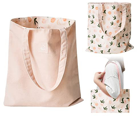 PLATEYTR Doppio Lato Cotone e Borsa di Tela, Borsa di Tessuto, Borsa della Spesa, Cotone Spalla Reversibile Tela Borsa Messenger per Le Signore, i Bambini (Pesca, 40cm x 36cm)