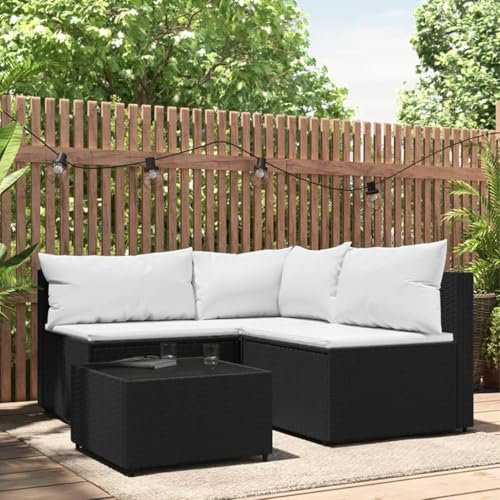 Hommdiy Gartenmöbel Set Balkonmöbel 4-TLG. Garten-Lounge-Set mit Kissen Poly Rattan Schwarz und Weiß Eckteil + 2X Mittelteil + Tisch