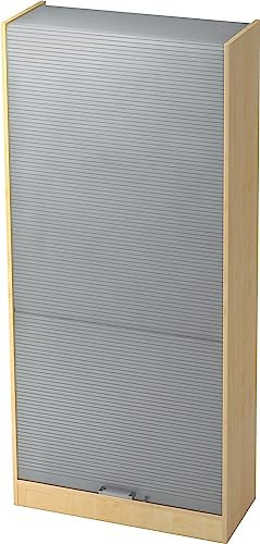 bümö Rollladenschrank in Ahorn/Silber mit Chromgriff - Vertikal Jalousieschrank 90 cm breit, Aktenschrank abschließbar, Büroschrank für Ordner & Co.