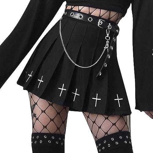 Damen Faltenrock Gothic Hohe Taille Kurze Röcke Punk Goth Rock mit Gürtel,Größe M